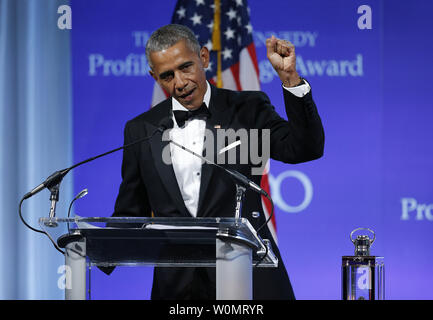 Former U.S. President Barack Obama speaks after he was presented the 2017 John F. Kennedy Profile In Courage Award by Caroline Kennedy at the John F. Kennedy Library in Boston, Massachusetts on May 7, 2017. Obama is being honored for 'his enduring commitment to democratic ideals and elevating the standard of political courage in a new century,' with specific mention of his expansion of healthcare options, his leadership on confronting climate change and his restoration of diplomatic relations with Cuba.      Photo by CJ Gunther/UPI Stock Photo