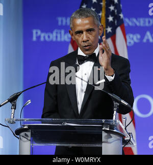 Former U.S. President Barack Obama speaks after he was presented the 2017 John F. Kennedy Profile In Courage Award by Caroline Kennedy at the John F. Kennedy Library in Boston, Massachusetts on May 7, 2017. Obama is being honored for 'his enduring commitment to democratic ideals and elevating the standard of political courage in a new century,' with specific mention of his expansion of healthcare options, his leadership on confronting climate change and his restoration of diplomatic relations with Cuba.      Photo by CJ Gunther/UPI Stock Photo