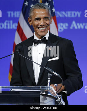 Former U.S. President Barack Obama speaks after he was presented the 2017 John F. Kennedy Profile In Courage Award by Caroline Kennedy at the John F. Kennedy Library in Boston, Massachusetts on May 7, 2017. Obama is being honored for 'his enduring commitment to democratic ideals and elevating the standard of political courage in a new century,' with specific mention of his expansion of healthcare options, his leadership on confronting climate change and his restoration of diplomatic relations with Cuba.      Photo by CJ Gunther/UPI Stock Photo