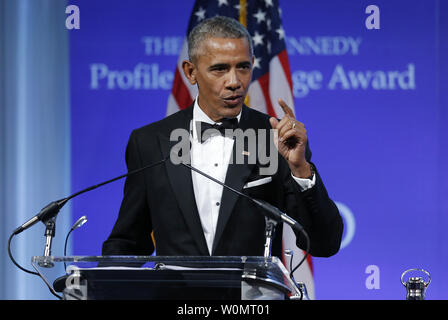 Former U.S. President Barack Obama speaks after he was presented the 2017 John F. Kennedy Profile In Courage Award by Caroline Kennedy at the John F. Kennedy Library in Boston, Massachusetts on May 7, 2017. Obama is being honored for 'his enduring commitment to democratic ideals and elevating the standard of political courage in a new century,' with specific mention of his expansion of healthcare options, his leadership on confronting climate change and his restoration of diplomatic relations with Cuba.      Photo by CJ Gunther/UPI Stock Photo