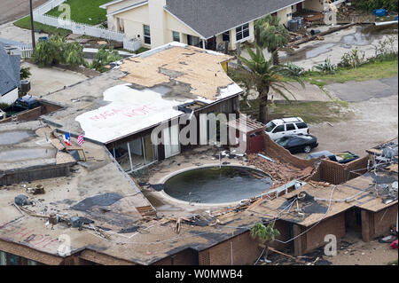 Aerial views of Hurricane Harvey damage is seen in Port Aransas, Texas, August 28, 2017. Hurricane Harvey formed in the Gulf of Mexico and made landfall in southeastern Texas, bringing record flooding and destruction to the region. U.S. military assets supported FEMA as well as state and local authorities in rescue and relief efforts. Photo by Malcolm McClendon/Texas Military Department/UPI Stock Photo