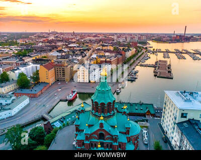 Aerial view of beautiful Helsinki at sunset. Blue sky and clouds and colorful buildings. Helsinki, Finland. Stock Photo