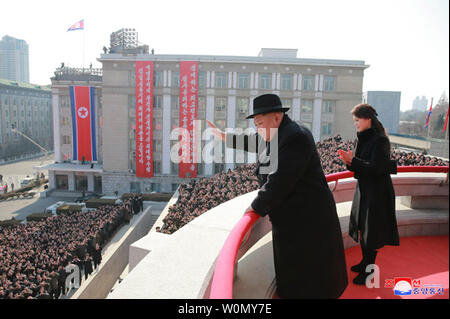 This image released on February 8, 2018, by the North Korean Official News Service (KCNA), shows North Korean leader Kim Jong Un watching on as troops marched through Kim Il Sung Square in a show of military might on the eve of the  2018 Winter Olympics in Pyeongchang, South Korea. Photo by KCNA/UPI Stock Photo