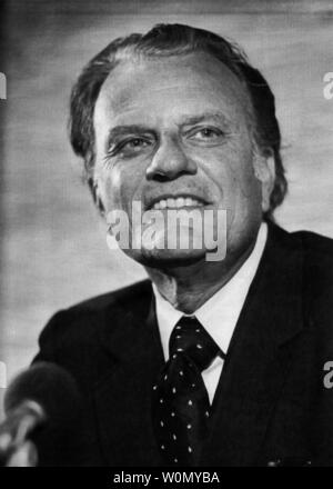 Evangelist preacher Billy Graham died at the age of 99 in his home in Montreat, North Carolina on February 21, 2018.  He is shown in at 1982 file photo in Chapel Hill, NC discussing his upcoming trip to the East Bloc.    UPI Stock Photo