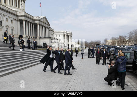 From left to right, United States President Donald J. Trump,  Prime Minister of Ireland Leo Varadkar, Speaker of the House of Representatives Paul Ryan, Republican of Wisconsin, Representative Peter King, Republican of New York, and United States Vice President Mike Pence, depart the United States Capitol following the Friends of Ireland luncheon at the United States Capitol in Washington, D.C. on March 15, 2018. Photo by Alex Edelman/UPI Stock Photo