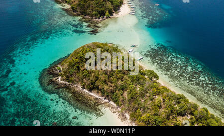 Paradise islands with white sand, palm trees and crystal blue water in Palawan, The Philippines Stock Photo