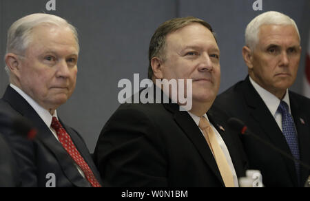 U.S. Attorney General Jeff Sessions (L), Secretary of State Mike Pompeo and Vice President Mike Pence attend the 2018 Hurricane Briefing at the FEMA headquarters on June 6, 2018 in Washington, DC. Photo by Yuri Gripas/UPI