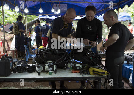 International search and rescue teams prepare dive equipment on July 2, 2018, at Chiang Rai, Thailand. At the request of the Royal Thai government, the United States, through USINDOPACOM, sent a search and rescue team from Okinawa, Japan to assist Thai rescue authorities in locating 12 youth football players and their coach. Photo by Capt. Jessica Tait/U.S. Air Force/UPI Stock Photo
