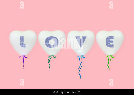 The inscription love on white heart shaped balloons on a coral pink background. Valentines day or wedding party decoration concept Stock Photo