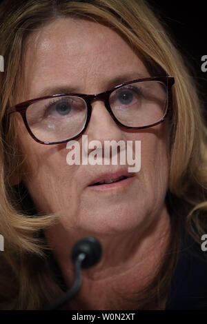 Christine Blasey Ford, the woman accusing Supreme Court nominee Brett Kavanaugh of sexually assaulting her at a party 36 years ago, testifies before the US Senate Judiciary Committee on Capitol Hill in Washington, DC, September 27, 2018.       Photo by Saul Leob/UPI Stock Photo
