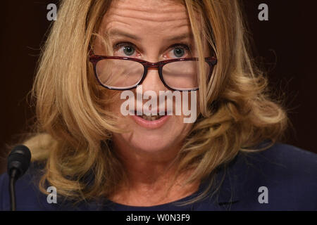 Christine Blasey Ford, the woman accusing Supreme Court nominee Brett Kavanaugh of sexually assaulting her at a party 36 years ago, testifies before the US Senate Judiciary Committee on Capitol Hill in Washington, DC, September 27, 2018.     Photo by Saul Loeb/UPI Stock Photo