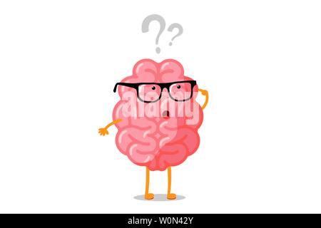 Funny human brain thought character with glasses thinks over question mark. Seeking answer cartoon brain concept. Strong clever cartoon central nervous system organ seeking answer vector illustration Stock Vector