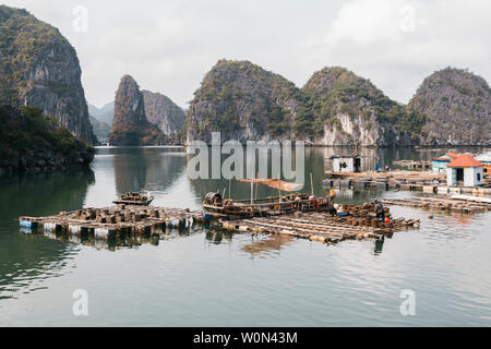 Floating fishing village and rock island, Halong Bay, Vietnam, Southeast Asia. UNESCO World Heritage Site. Junk boat cruise to Ha Long Bay. Popular la Stock Photo