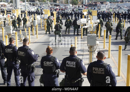 Customs and Border Patrol (CPB) officers from the Office of Field Operations and agents from the U.S. Border Patrol and Air and Marine Operations execute a planned readiness exercise at the San Ysidro Port of Entry on November 22, 2018. The exercise is designed to evaluate readiness and assess the capabilities of CBP facilities to make necessary preparations. Photo by Shawn Moore/U.S. Customs and Border Protection/UPI Stock Photo