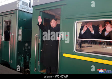 This image released on February 23, 2019, by the North Korean Official News Service (KCNA), shows North Korean leader Kim Jong Un as he departed by train en route to his second summit with U.S. President Donald Trump in Hanoi, Vietnam. Kim will travel more than 2,800 miles by train to the Vietnamese border city of Dang Dong before reportedly embarking on the final leg of the journey to Hanoi, by car. Photo by KCNA/UPI Stock Photo
