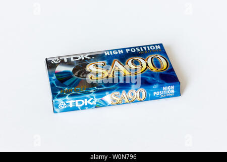 An unopened TDK SA-90 high-quality compact audio cassette tape, 1990s Stock Photo