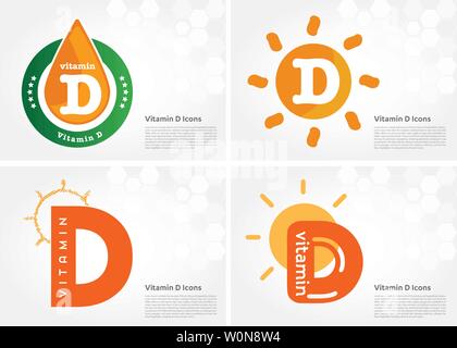 Vitamin D sun shining pill capsule icon collection black set, cholecalciferol. golden Vitamin complex with Chemical formula substance drop. Medical Stock Vector