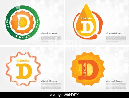 Vitamin D sun shining pill capsule icon collection black set, cholecalciferol. golden Vitamin complex with Chemical formula substance drop. Medical Stock Vector