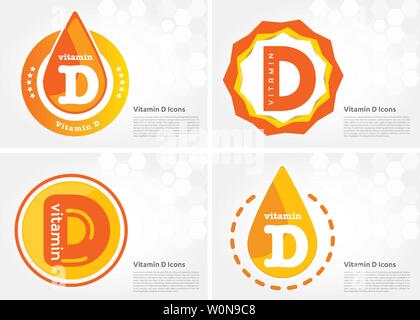 Vitamin D sun shining pill capsule icon collection black set, cholecalciferol. golden Vitamin complex with Chemical formula substance drop. MedicaL Stock Vector