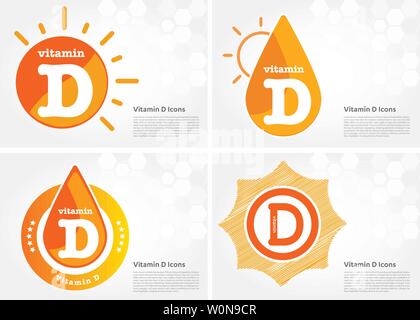 Vitamin D sun shining pill capsule icon collection black set, cholecalciferol. golden Vitamin complex with Chemical formula substance drop. Medical Stock Vector