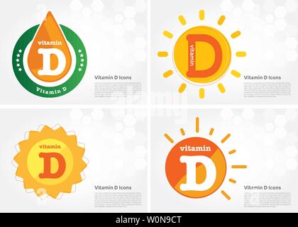 Vitamin D sun shining pill capsule icon collection black set, cholecalciferol. golden Vitamin complex with Chemical formula substance drop. Medical Stock Vector