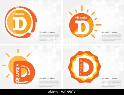 Vitamin D sun shining pill capsule icon collection black set, cholecalciferol. golden Vitamin complex with Chemical formula substance drop. Medical Stock Vector
