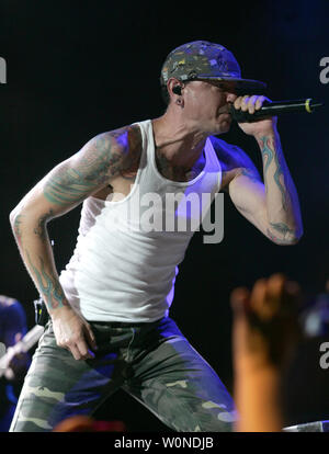 Chester Bennington with Linkin Park performs on the opening night of their tour at the Cruzan Amphitheatre in West Palm Beach, Florida on August 8, 2014. UPI/Michael Bush Stock Photo
