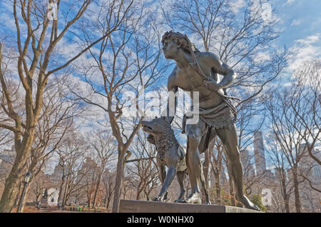 Indian hunter sculpture New York Central Park winter time Stock Photo