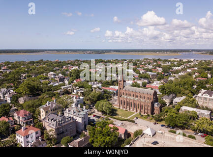 Aerial view of downtown Charleston, South Carolina with St John the Baptist church at center. Stock Photo