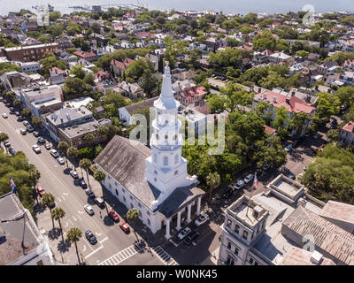 Aerial view of downtown Charleston, South Carolina with St Michaels church in foreground. Stock Photo