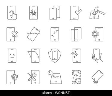 Repair of smartphones icons set. Breakage and protection of the smartphone, thin line design. Repair Center. Editable stroke. EPS 10. Stock Vector