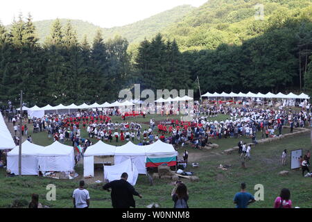 Vratsa, Bulgaria - June 23, 2019: People in traditional authentic folk costumes, recreating the traditional Bulgarian northern wedding on National fol Stock Photo