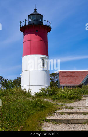 red and white Nauset Lighthouse in Eastham, Massachusetts viewed from below the stairs Stock Photo