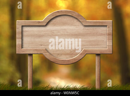 Rounded shaped sign made of bright wood and with autumn forest background Stock Photo