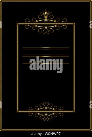 Double gold rectangular frame of strokes, with a pattern of gold calligraphic curves and curls on a black background Stock Vector