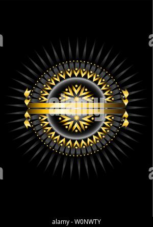 Golden round frame of round beads with an oval of golden arrows and stars on a black background with silver rays and a double gold ribbon Stock Vector