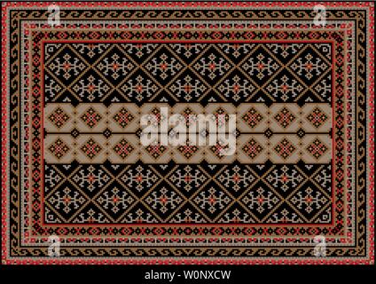 Luxury antique oriental carpet in brown and black shades with beige stripe in the center and gray with red patterns Stock Vector