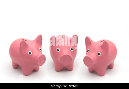 Three pink piggy bank pigs forming a choir on white background
