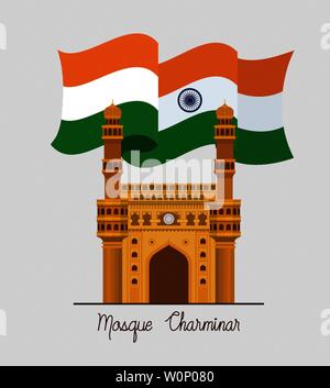 indian mosque chaminar temple with flag Stock Vector