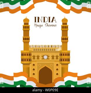 indian mosque chaminar temple with flag Stock Vector