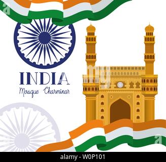 indian mosque chaminar temple with flag Stock Vector