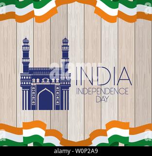 indian mosque chaminar temple with flag in wooden background Stock Vector