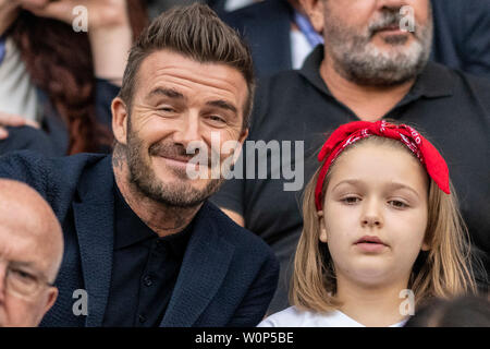 Le Havre, France. 27th June, 2019. NORWAY VS ENGLAND - David Beckham and his daughter, Harper, before a match between England and Norway. Women's World cup quarter final. FIFA. Held at the Oceane Stadium in Le Havre, France (Photo: Richard Callis/Fotoarena) Credit: Foto Arena LTDA/Alamy Live News Stock Photo