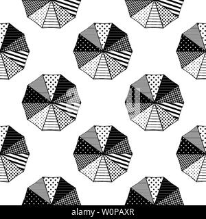 Parasols, umbrellas from above with geometric designs in black and white Stock Vector