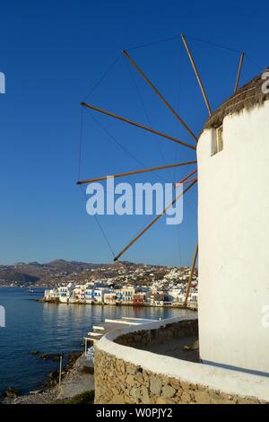 The Iconic Windmills of Mykonos Greece Stock Photo