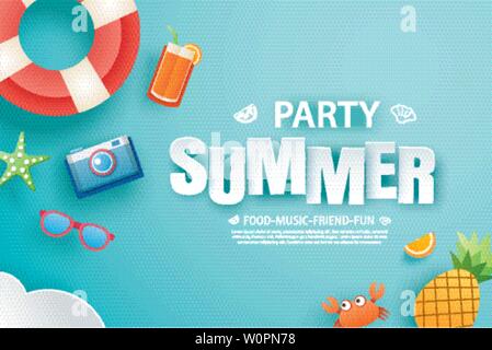 Summer party invitation banner with decoration origami. Paper art and craft style. Vector illustration of life ring, ice cream, camera, watermelon, su Stock Vector