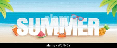 Summer party invitation banner with decoration origami. Paper art and craft style. Vector illustration of life ring, ice cream, camera, watermelon, su Stock Vector