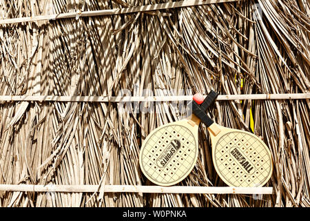 Beach tennis. Beach rackets on the background of dried palm leaves. Copy space Stock Photo