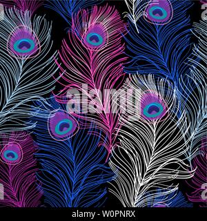 Gorgeous vector pattern of peacock feathers on a dark background. Template for design business card, poster or web page. Stock Vector