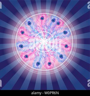 Beautiful fantastic glowing element of feathers in a circle on a blue background. Stock Vector